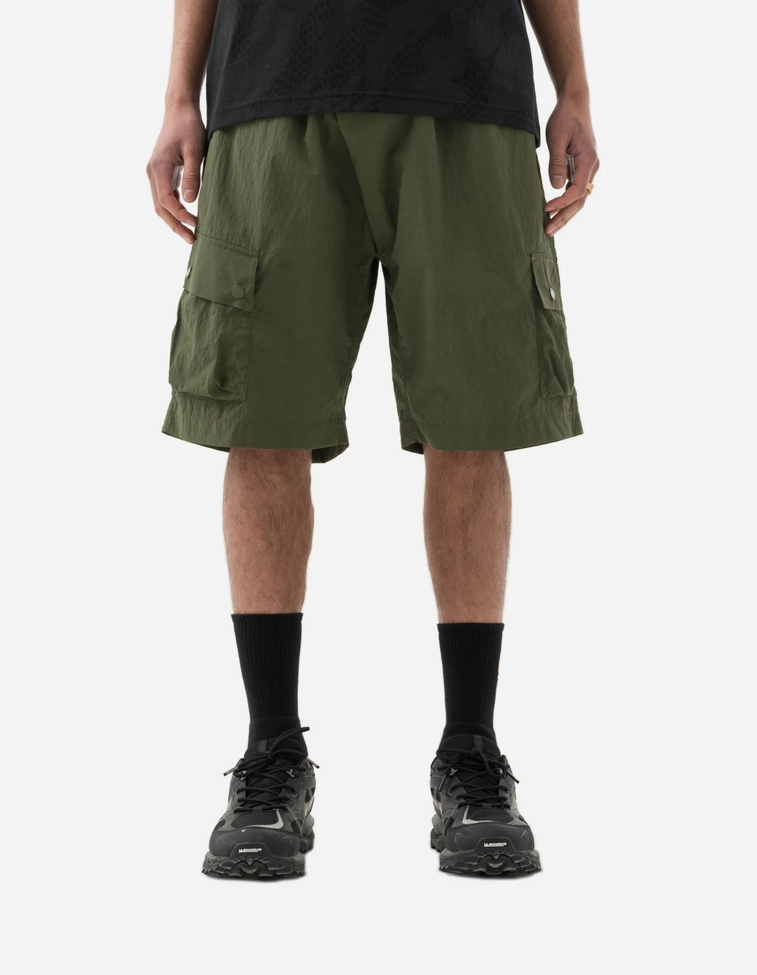 Maharishi 5041 Veg Dyed Asym Cargo Track Shorts Olive 3 Maharishi 5041 Veg Dyed Asym Cargo Track Shorts Olive - Image 3