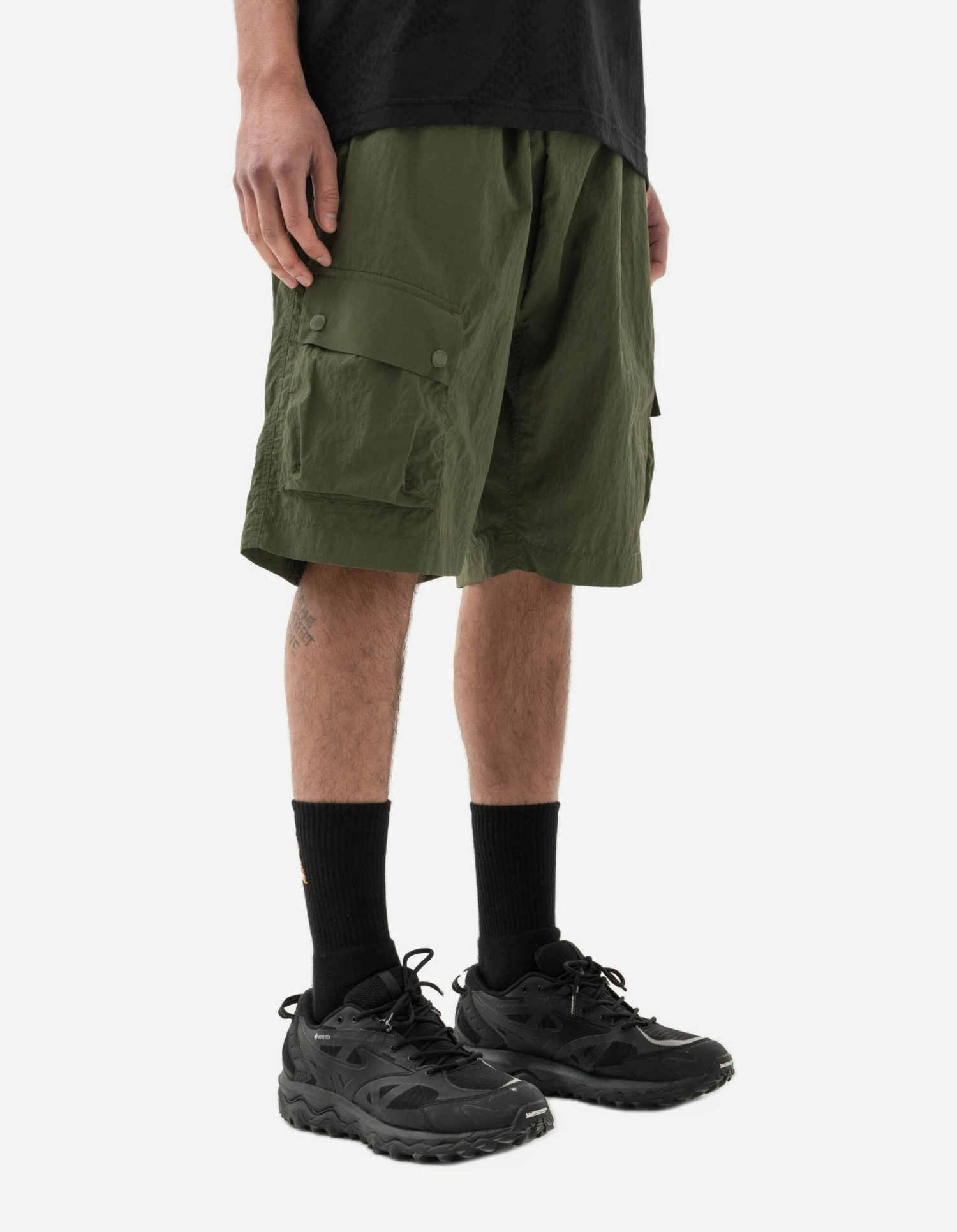Maharishi 5041 Veg Dyed Asym Cargo Track Shorts Olive 2 Maharishi 5041 Veg Dyed Asym Cargo Track Shorts Olive - Image 2